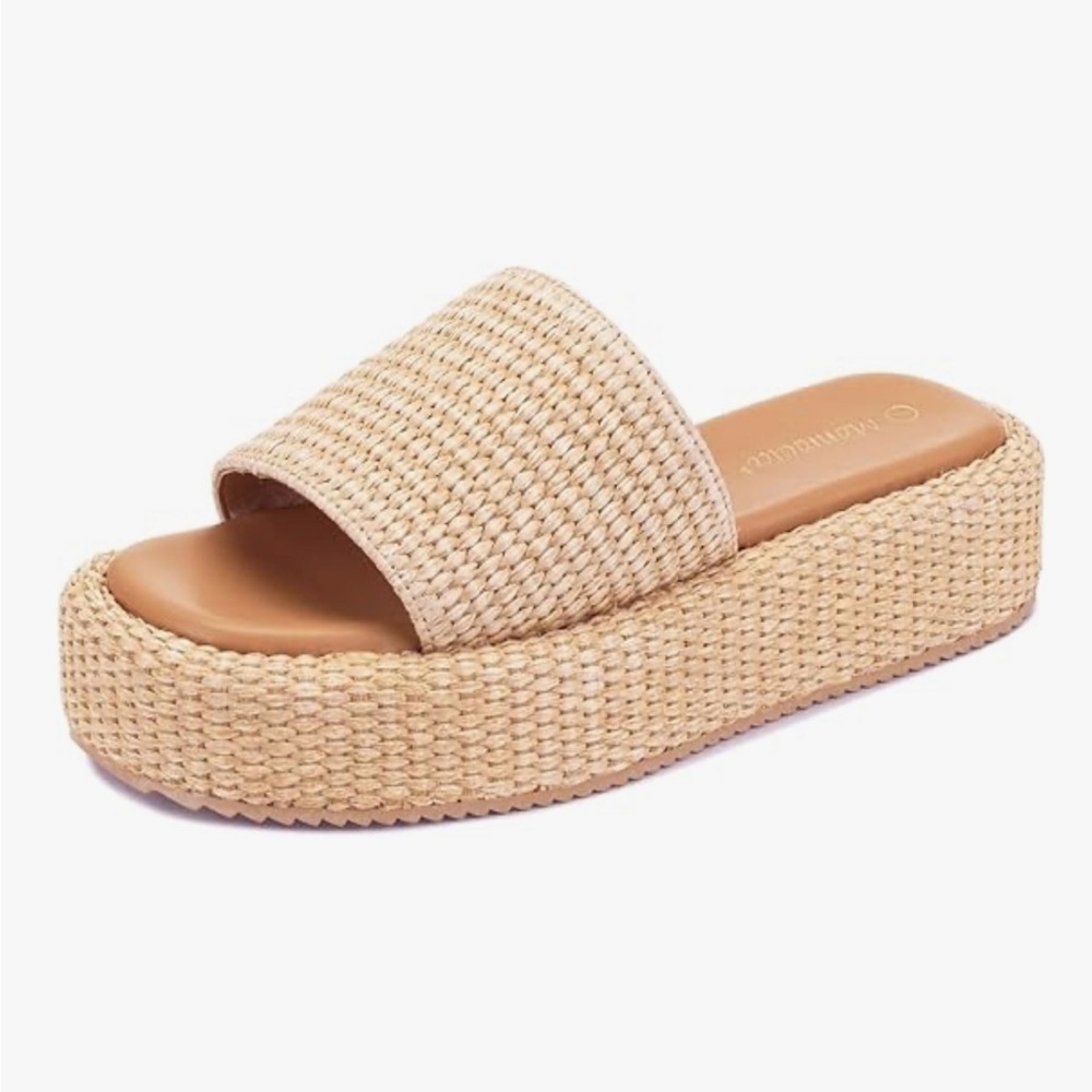 Natural Woven Platform Slide Sandals